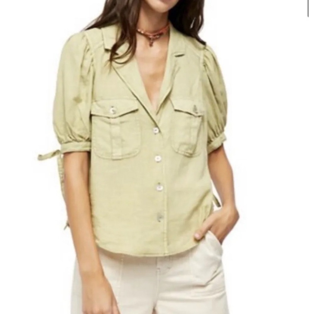 Free People Pale Olive Button-Front Puff Sleeve Blouse